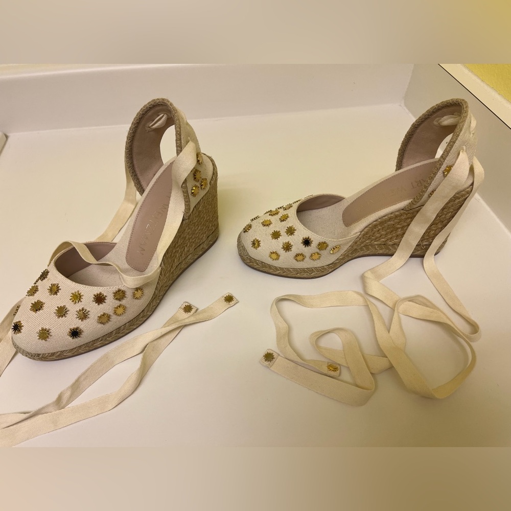 Stuart Weitzman Cream and Gold Espadrille Wedges